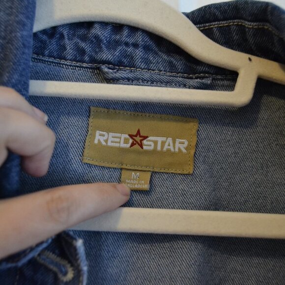 Red Star Cropped Raw Hem Medium Wash Denim Jean Jacket NWtT - Picture 4 of 10